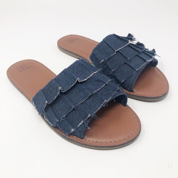 Time and Tru Ruffle Denim Slip-On Sandals Women's Size 7 Summer Beach Vacation - Picture 1 of 8